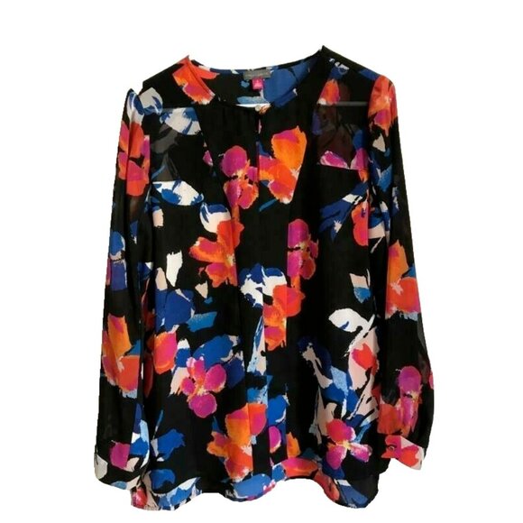 VINCE CAMUTO Long Sleeve Blouse Womens Small Black Colorful Floral Polyester - Picture 1 of 8
